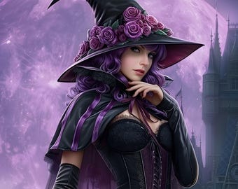 Gothic Witch Wall Art Purple Moon Castle Roses Elegant Fantasy Luxury Printable Download Decor