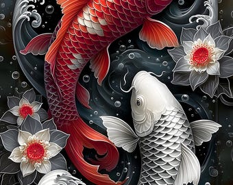 Koi Fish Wall Art Yin Yang Luxury Floral Zen Printable Download Decor Harmony FengShui