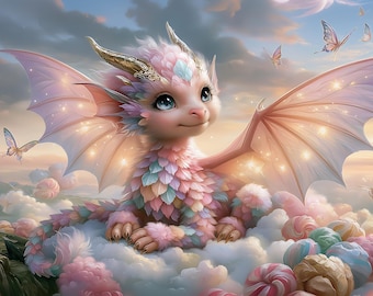 Decoración de pared de dragón bebé en tonos pastel para habitación infantil. Descarga digital mágica para imprimir. País de las Hadas Encantado.