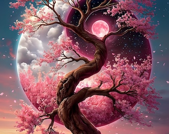 Pink Sakura Wall Art Celestial Moon Fantasy Luxury Printable Digital Download