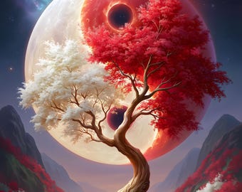 Yin Yang Tree Wall Art Red White Lunar Fantasy Printable Digital Download Celestial Decor
