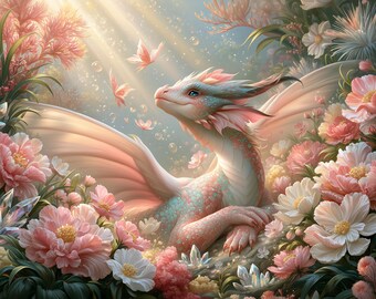 Decoración de pared con diseño floral de dragón, fantasía botánica en tonos pastel, elegante decoración para el hogar, descarga digital imprimible.