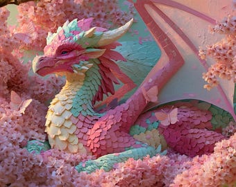 Decoración de pared con diseño de dragón pastel y flores de cerezo Sakura, lámina de fantasía imprimible de lujo, descarga digital.