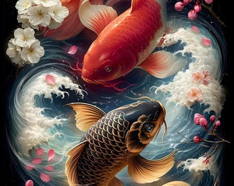 Koi Fish Wall Art Sakura Yin Yang Zen Japanese Luxury Printable Decor Gift Download