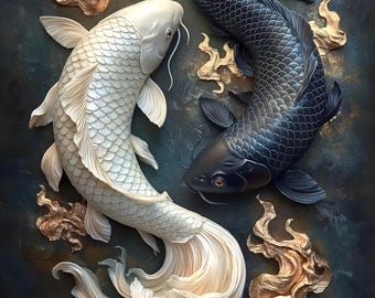 Koi Wall Art Black White Yin Yang Feng Shui Luxury Printable Digital Download Decor