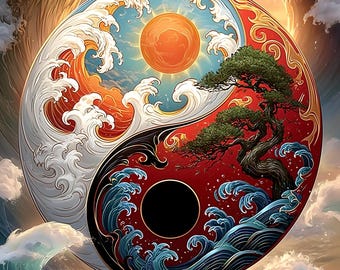 Yin Yang Wall Art Ocean Waves Bonsai Sun Zen Harmony Printable Digital Download Decor