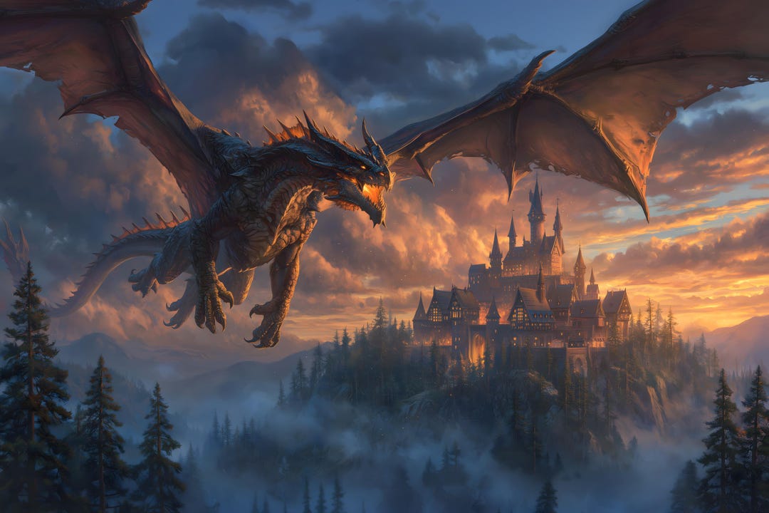 Flying Dragon Castle Wall Art Fire Storm Fantasy Poster Printable ...