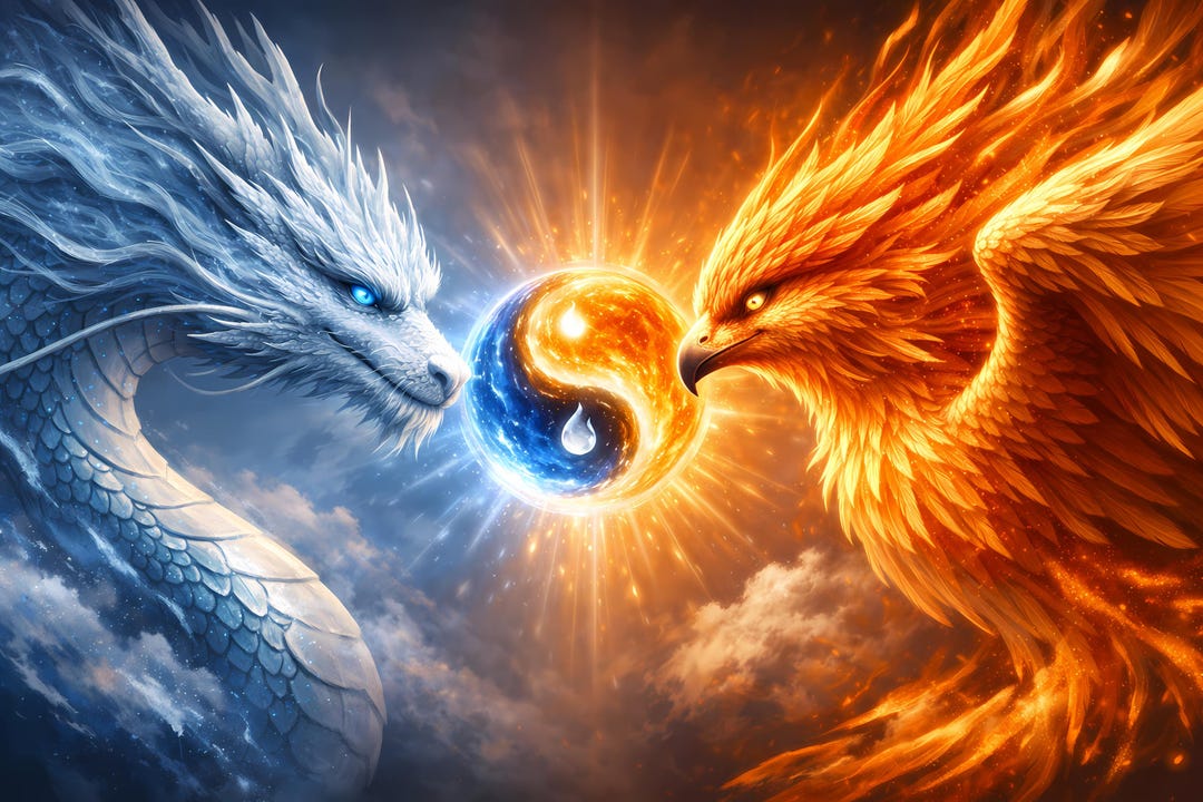 Dragon Phoenix Wall Art Yin Yang Balance Fire Ice Fantasy Printable ...