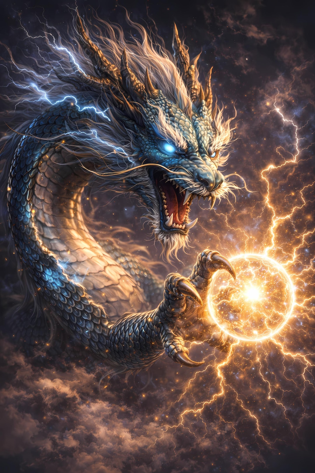 Dragon Wall Art Lightning Storm Power Energy Chinese Style Printable ...