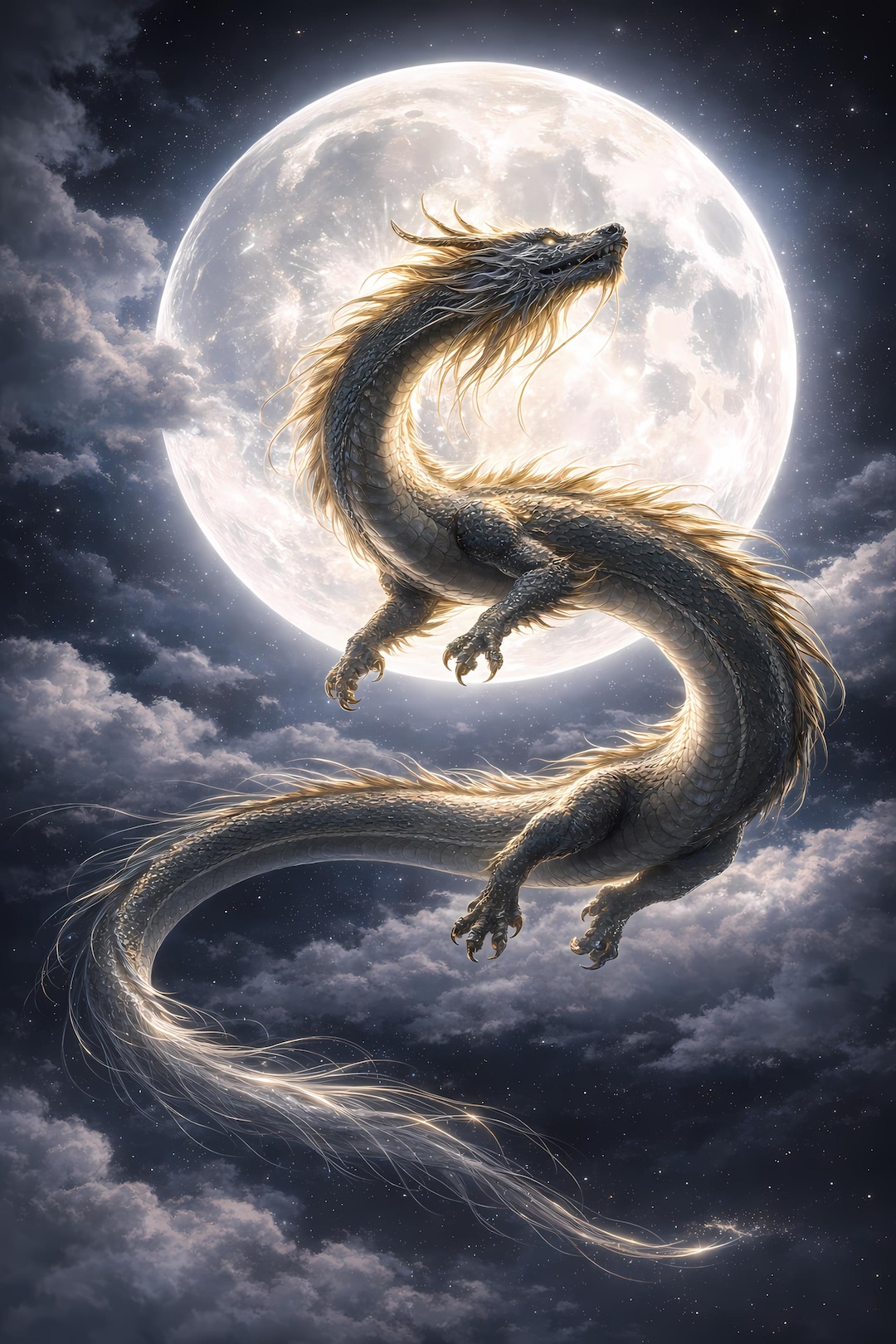 Moon Dragon Wall Art Glowing Full Moon Celestial Chinese Style ...