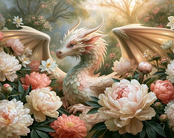 Decoración de pared con dragón, jardín floral de peonías, lujosa decoración de fantasía, descarga digital imprimible, pintura elegante.