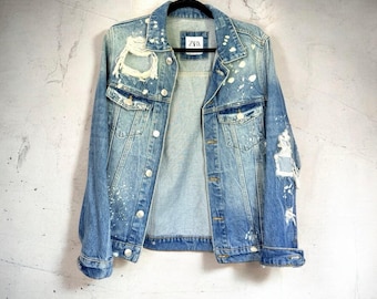 Kurtka jeansowa Zara z efektem sprania farby, rozmiar S, oversize trucker