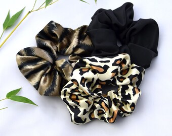 Satin Scrunchie Gift Set, Tiger, Leopard & Black. 3 Animal Print Scrunchies, Scrunchie Gift Pack, Letterbox Gift.