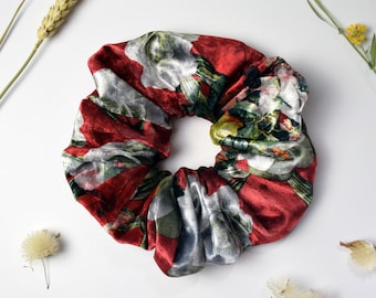 Velvet Scrunchie, Floral Print Scunchie, Red Velvet Hair Accessory