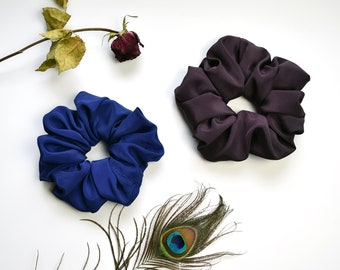 Scrunchie set in matt satin crepe blue & purple. Everyday hair accessories