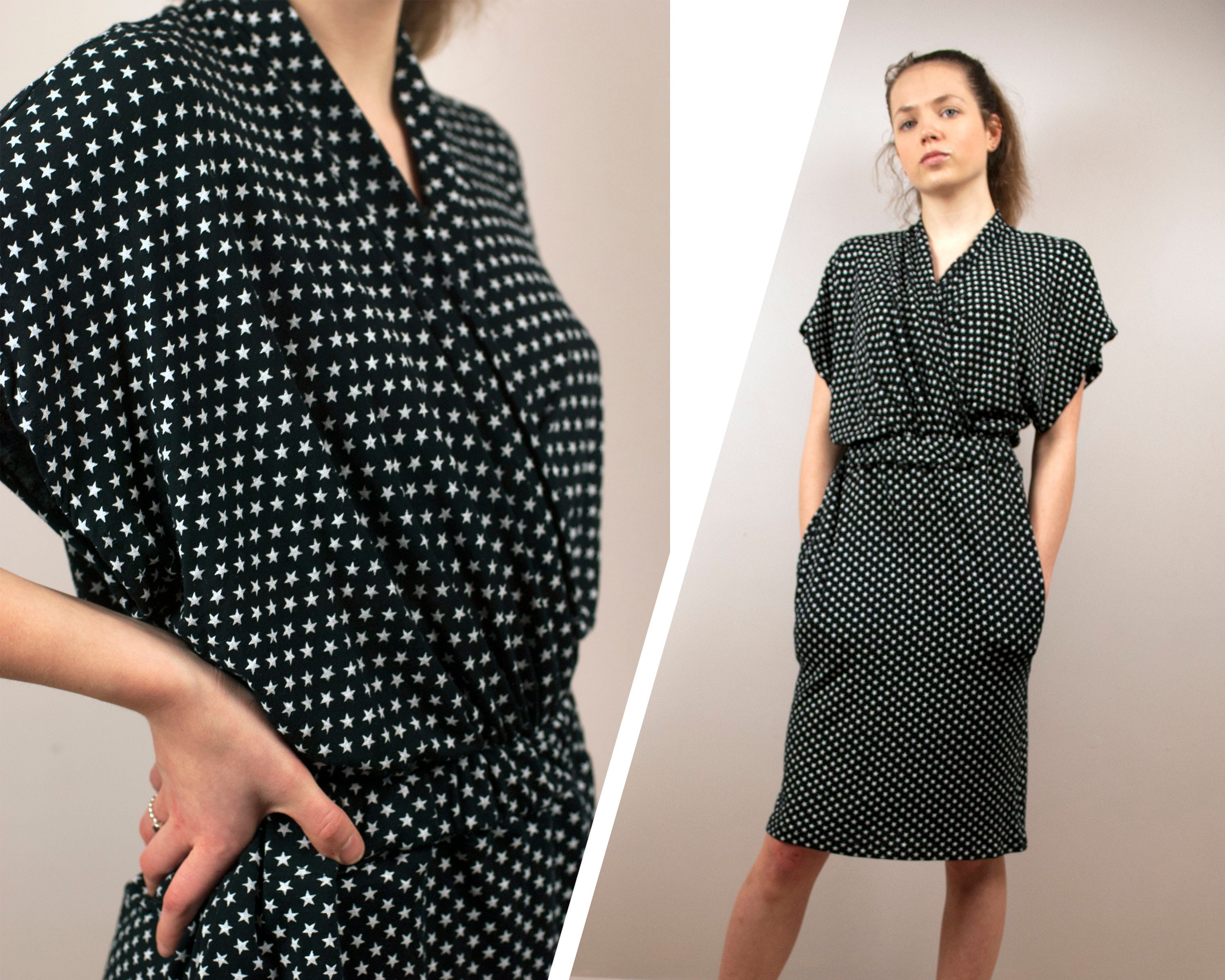 Image of Black Star Dress, Knit Wrap Dress With Pockets Sizes S/M/L Custom Made To Order