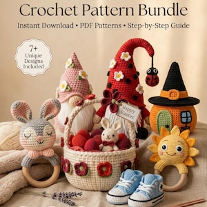 Pode incluir: Uma coleção de padrões de crochê extravagantes, incluindo uma chocalho de coelho, uma cesta de Páscoa com ovos, gnomos, uma casa e um sol. Os padrões são adequados para iniciantes e estão disponíveis para download instantâneo. O texto "Ultimate Whimsical Crochet Pattern Bundle" está incluído.