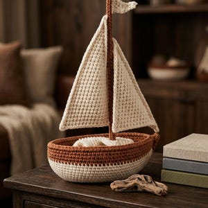 Könnte beinhalten: Ein gehäkeltes Segelboot mit einem zweifarbigen Rumpf in Braun und Creme, einem hohen braunen Mast und zwei cremefarbenen dreieckigen Segeln. Eine kleine cremefarbene Flagge ist an der Mastspitze befestigt. Das Boot zeigt sichtbare Maschen.