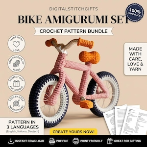 Puede incluir: Una bicicleta amigurumi de ganchillo en rosa con manillar y asiento naranja. Las ruedas son blancas con neumáticos negros. La imagen incluye el texto "Bike Amigurumi Set Crochet Pattern Bundle" y "Create Yours Now!"