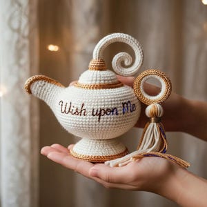 Può includere: Una lampada di Aladino bianca all'uncinetto con finiture dorate e un beccuccio a spirale. La lampada presenta la scritta ricamata "Wish upon Me" in nero e blu. È presente anche un anello abbinato con finiture dorate e nappina.