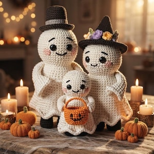 May include: Three crocheted ghost figures in cream yarn with black eyes and pink cheeks. The two larger ghosts wear dark hats, one with flowers. The smaller ghost holds a small orange crocheted pumpkin bucket. The text DigitalStitchGifts is visible.