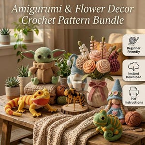 May include: A crochet pattern bundle titled DIGITALSTITCHGIFTS Amigurumi & Flower Decor Crochet Pattern Bundle featuring various crocheted items including a green alien, a bearded dragon, a bee, a flower bouquet in a vase, and two gnomes.