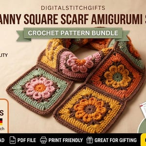 Könnte beinhalten: Ein Granny Square Schal Amigurumi Set mit einem Häkelmuster-Bundle. Der Schal zeigt quadratische Motive in Rosa, Orange, Grün und Braun. Der Text lautet "Granny Square Schal Amigurumi Set" und "Crochet Pattern Bundle".