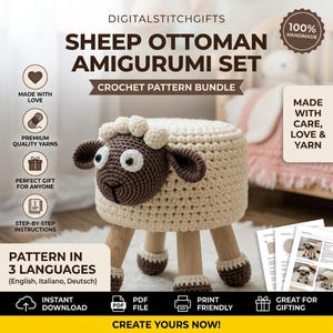 May include: A handmade crochet sheep ottoman with a cream-colored body and a brown face, ears, and feet. The ottoman has wooden legs and is part of an amigurumi set. The image includes text that says "Sheep Ottoman Amigurumi Set" and "Crochet Pattern Bundle".