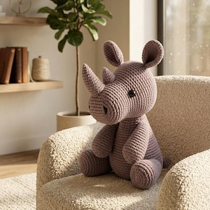 May include: A mauve-colored crochet rhinoceros stuffed animal featuring a large head, two pointed horns, rounded ears, and dark circular eyes. The toy is crafted with a visible yarn stitch pattern and is seated in an upright position.