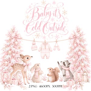 Baby It's Cold Outside Woodland PNG, Roze winter babyshower clipart, Kerstmis