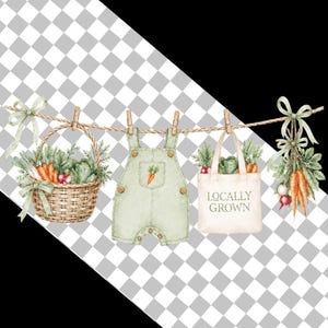 a basket of fresh vegetables, a pair of baby green overalls, and a bag labeled "Locally Grown" hanging on a clothesline.