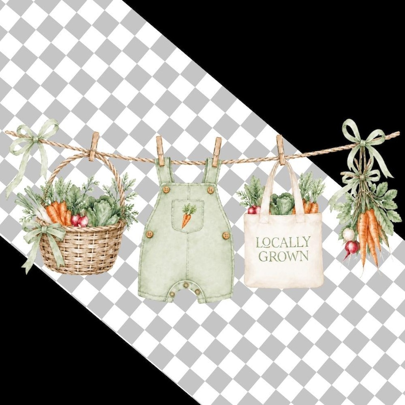 a basket of fresh vegetables, a pair of baby green overalls, and a bag labeled "Locally Grown" hanging on a clothesline.