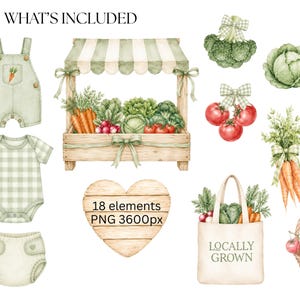various illustrations related to vegetables and baby clothing, including a baby outfit, a baby hat, a basket of vegetables, and a sign that says "Locally Grown".