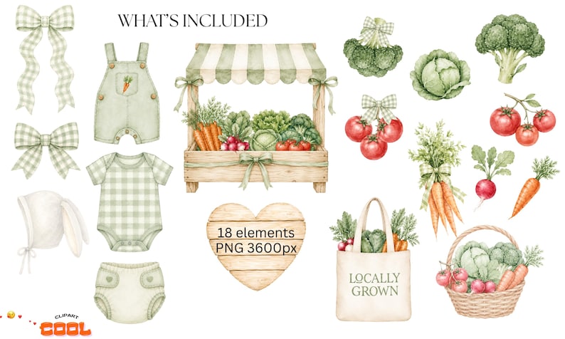 various illustrations related to vegetables and baby clothing, including a baby outfit, a baby hat, a basket of vegetables, and a sign that says "Locally Grown".