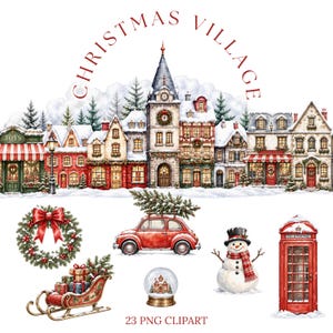 May include: A digital illustration set featuring a snowy Christmas village with buildings, a red car carrying a tree, a wreath with a red bow, a sleigh with gifts, a snow globe, a snowman, and a red telephone booth with text Christmas Village.