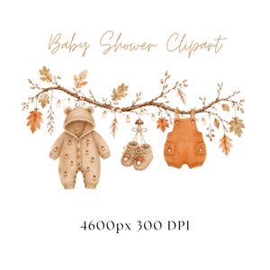 Op de afbeelding: Aquarelillustratie met een beige romper met capuchon en paddenstoelpatronen, bijpassende slofjes en een oranje tuinbroek hangend aan een tak versierd met herfstbladeren en lichtsnoeren. Tekst: Baby Shower Clipart 4600px 300 DPI.