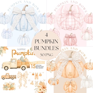 Pode incluir: Um pacote de clipart digital com ilustrações em aquarela de abóboras adornadas com laços, caminhões antigos e folhagens de outono. O texto inclui PUMPKIN AND BOWS, 4 PUMPKIN BUNDLES, 50 PNG, A LITTLE PUMPKIN e 15 CUTE FALL WATERCOLOR PNG 4600PX.