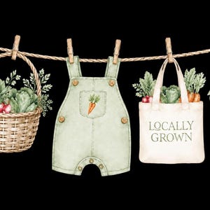 a basket of fresh vegetables, a pair of baby green overalls, and a bag labeled "Locally Grown" hanging on a clothesline.