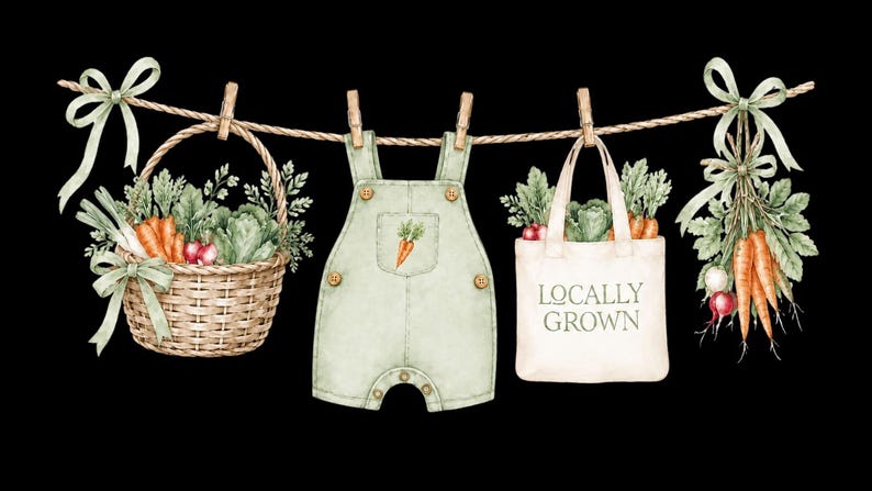 a basket of fresh vegetables, a pair of baby green overalls, and a bag labeled "Locally Grown" hanging on a clothesline.