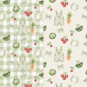 a repeating pattern of various vegetables and baby clothes, including carrots, lettuce, radishes, and baby bibs, all set against a green and white checkered background.