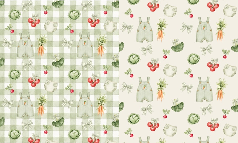 a repeating pattern of various vegetables and baby clothes, including carrots, lettuce, radishes, and baby bibs, all set against a green and white checkered background.