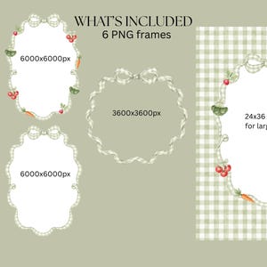 six different frames, each with varying sizes and designs, including a bow and carrot motif. The frames are labeled as "WHAT'S INCLUDED" and "6 PNG frames", indicating that they are part of a larger collection of frames.