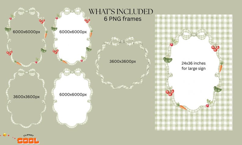 six different frames, each with varying sizes and designs, including a bow and carrot motif. The frames are labeled as "WHAT'S INCLUDED" and "6 PNG frames", indicating that they are part of a larger collection of frames.