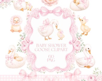 Pink Silly Goose bloemen strik clipartbundel, babyshower meisje, verjaardag, kinderkamergraphics png, commercieel gebruik