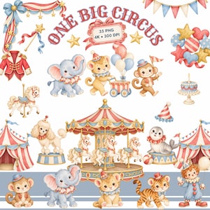 Pode incluir: Uma coleção digital de ilustrações de circo com animais, um carrossel, tendas e balões. O texto diz ONE BIG CIRCUS, 35 PNG, 4K, 300 DPI. Inclui um poodle, elefante, leão, macaco, foca, tigre e um palhaço nas cores vermelho e azul.