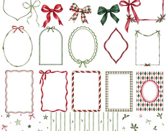 Kerststrikken en -lijstjes clipart, aquarel lintlijstjes PNG, preppy geruite kerstversiering, roodgroene feestclipart