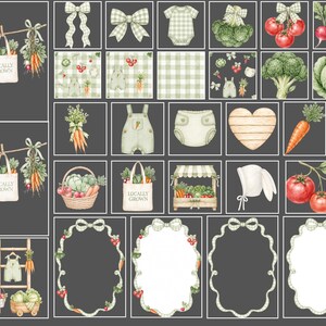 various illustrations related to farming and agriculture, including baby clothes, vegetables, and other farm-related objects.