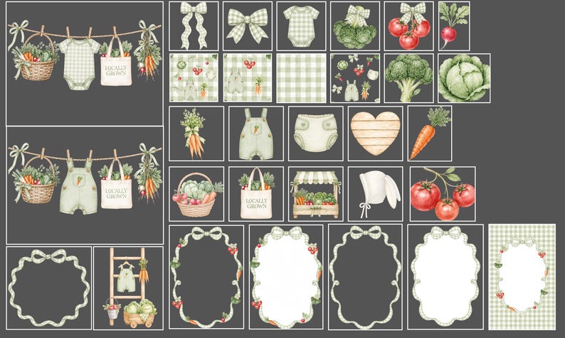 various illustrations related to farming and agriculture, including baby clothes, vegetables, and other farm-related objects.