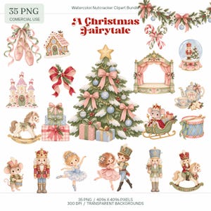 Puede incluir: Una colección digital de 35 ilustraciones en acuarela con temática de Cascanueces navideño que incluye un árbol decorado, zapatillas de ballet, una casa de jengibre, un rey ratón, un tambor de juguete, un caballo mecedora y figuras de cascanueces con el texto A Christmas Fairytale.