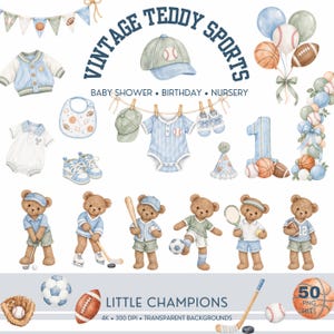 Può includere: Una collezione digitale di illustrazioni ad acquerello con orsetti in abbigliamento sportivo, cappellini da baseball, vestiti per neonati, palloni sportivi e decorazioni con il testo VINTAGE TEDDY SPORTS, BABY SHOWER, BIRTHDAY, NURSERY e LITTLE CHAMPIONS.